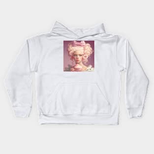 A young Marie Antoinette on pink with a sliding cupcake, Midjourney AI art Kids Hoodie